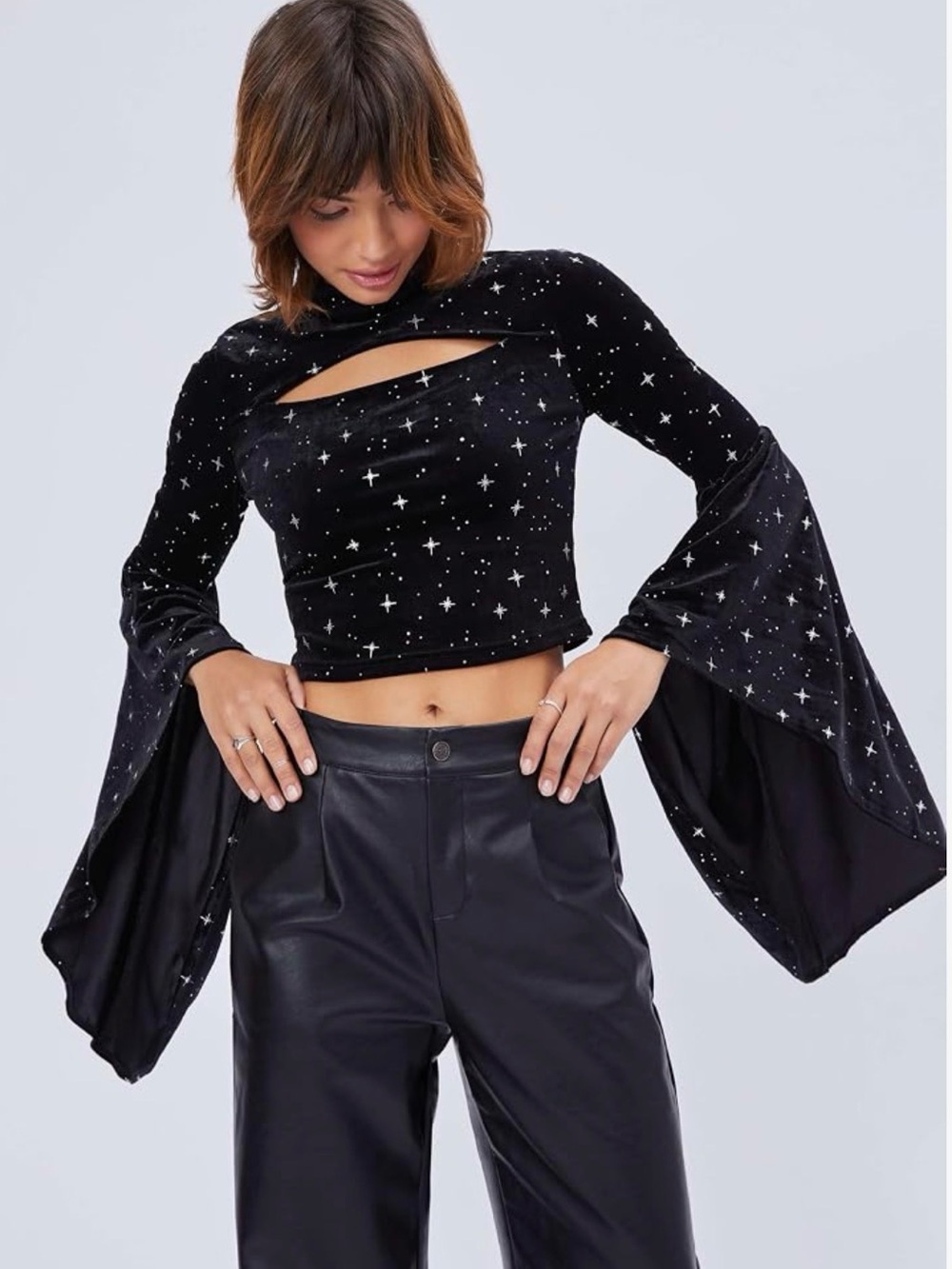 Cider NWT Black Velvet silver Star Cutout Bell-Sleeve Crop Top 3xl plus